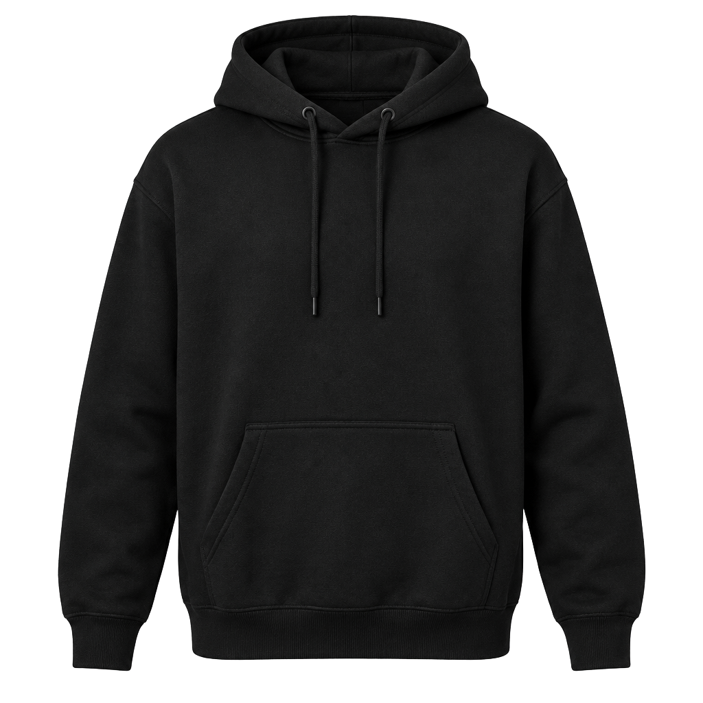 Black hoodie showing its shape and layered garment coverage